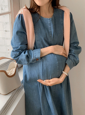 Maternity*Slim Pintuck Adjustable Back Denim Dress